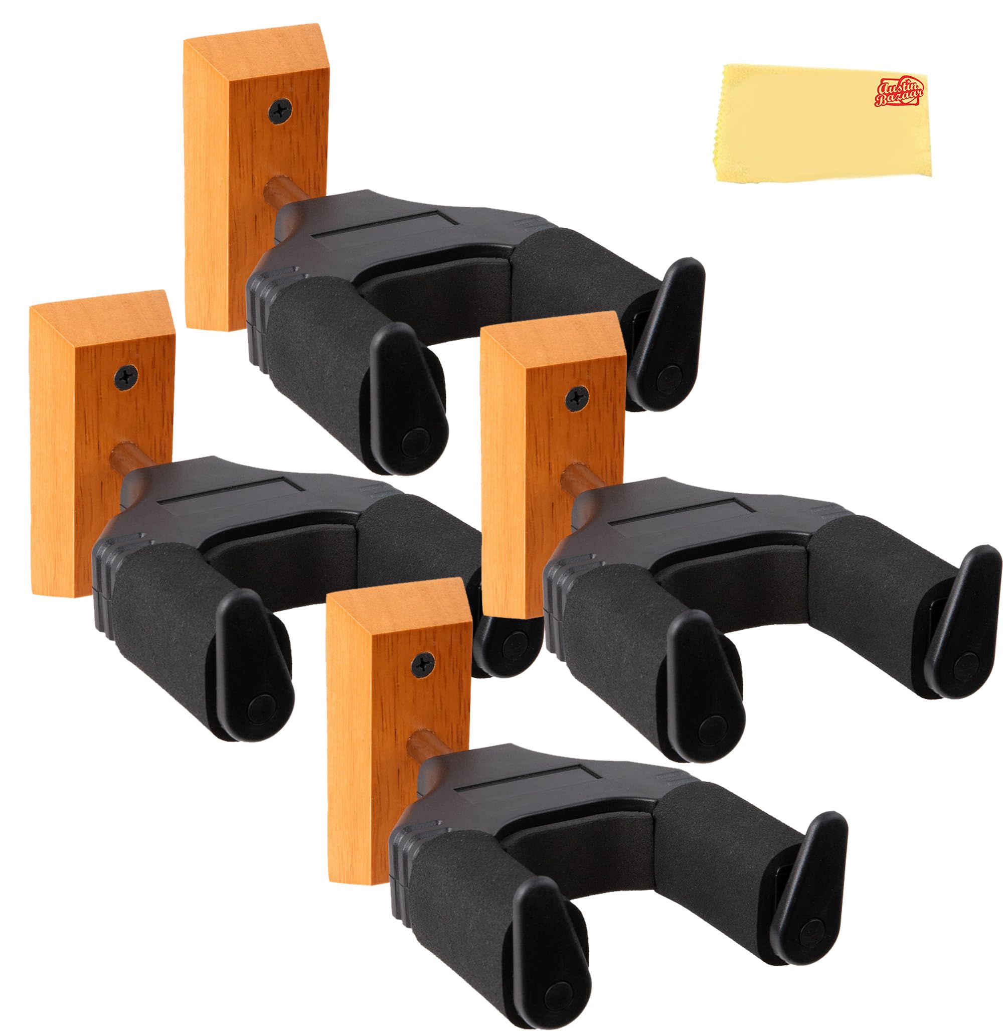 Gearlux Universal Self Locking Guitar Wall Hanger with Wooden Base, Auto Swivel, and Foam Padded Arms for Acoustic, Electric Bass, Mandolin, and Ukuleles - 4 Pack with Austin Bazaar Polishing Cloth