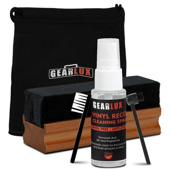 Gearlux Vinyl Record Cleaning Kit - 4-in-1 Set with Velvet Brush, Cleaning Solution, Stylus Brush, and Storage Pouch