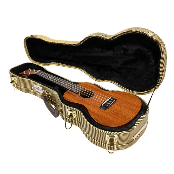 Gearlux Wooden Concert Ukulele Case with Exterior Lock and Key, PVC Handle, and Plush Interior Padding - Tweed