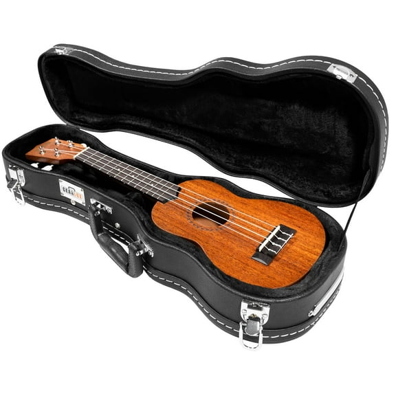 Gearlux Wooden Soprano Ukulele Case with Exterior Lock and Key, PVC Handle, and Plush Interior Padding - Black