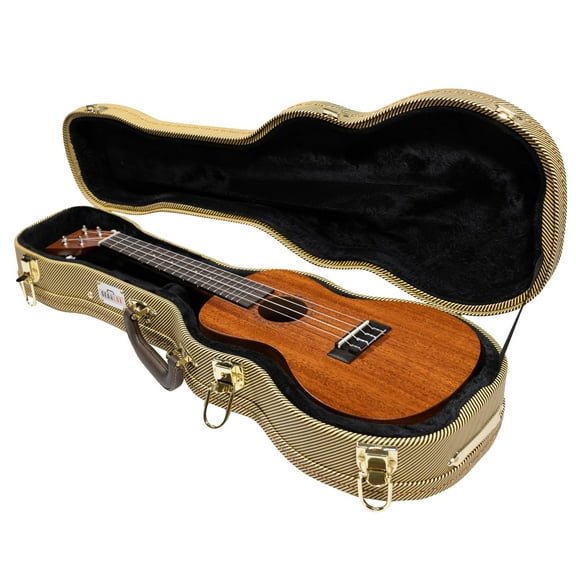 Gearlux Wooden Soprano Ukulele Case with Exterior Lock and Key, PVC Handle, and Plush Interior Padding - Tweed