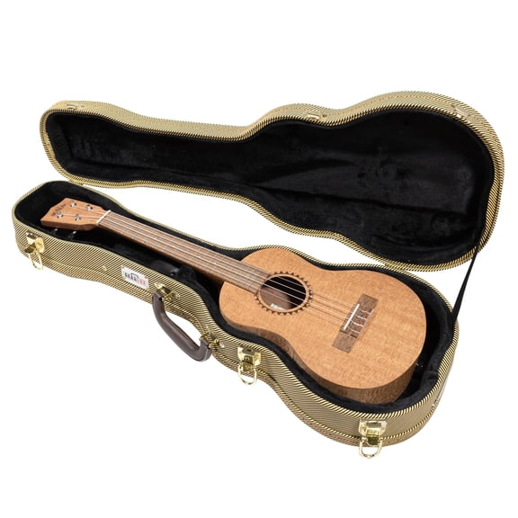 Gearlux Wooden Tenor Ukulele Case with Exterior Lock and Key, Interior Accessory Compartment, and Plush Interior Padding - Tweed