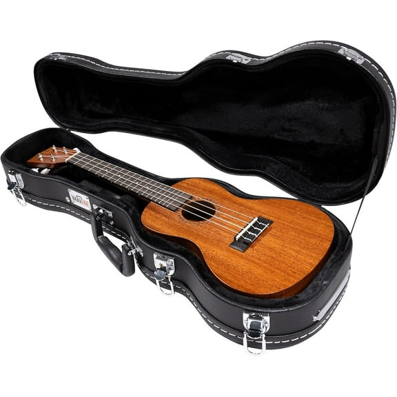 Gearlux Wooden Tenor Ukulele Case with Exterior Lock and Key, PVC Handle, and Plush Interior Padding - Black