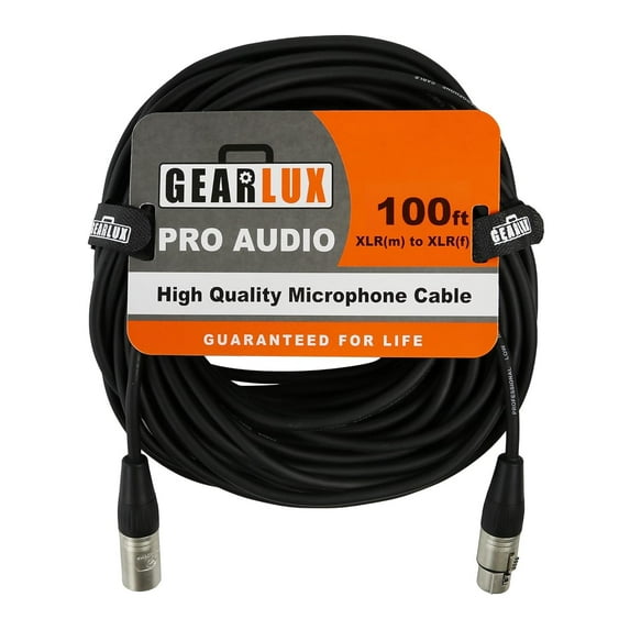Gearlux XLR Microphone Cable, Fully Balanced, Male to Female, 100 Feet - 1 Pack