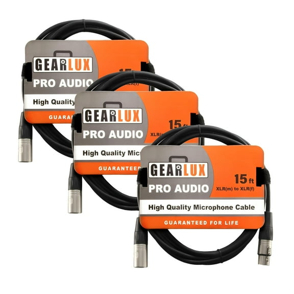 Gearlux XLR Microphone Cable, Fully Balanced, Male to Female, 15 Feet - 3 Pack