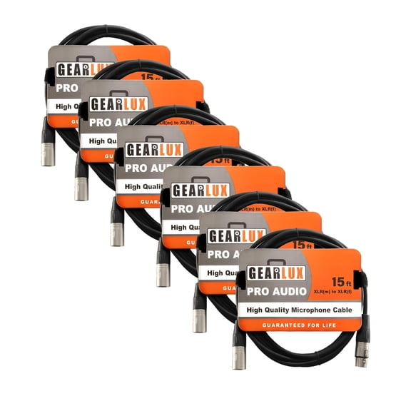 Gearlux XLR Microphone Cable, Fully Balanced, Male to Female, 15 Feet - 6 Pack