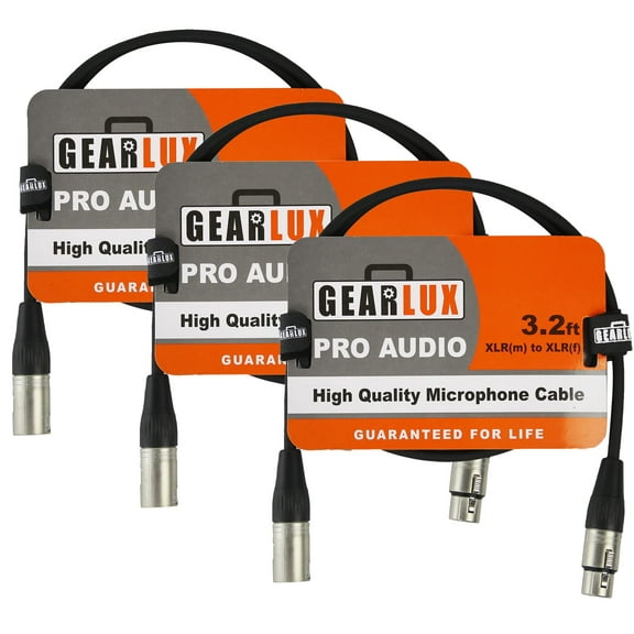 Gearlux XLR Microphone Cable, Fully Balanced, Male to Female, 3.2 Feet - 3 Pack