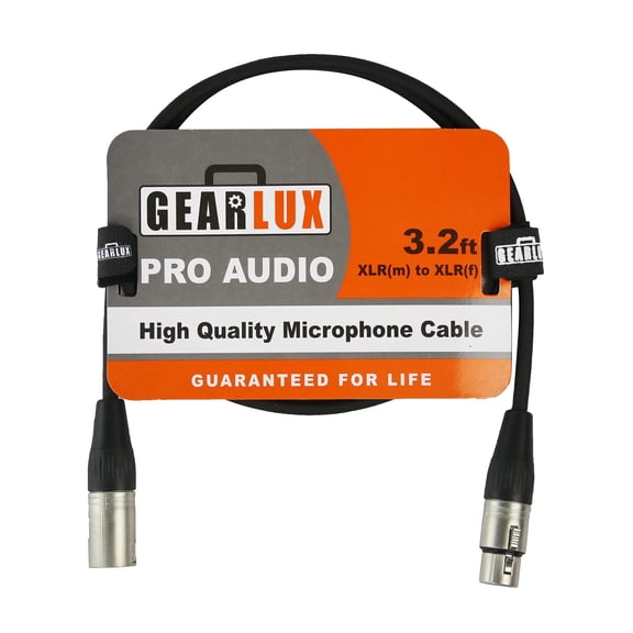 Gearlux XLR Microphone Cable, Fully Balanced, Male to Female, 3.2 Feet - Single Pack