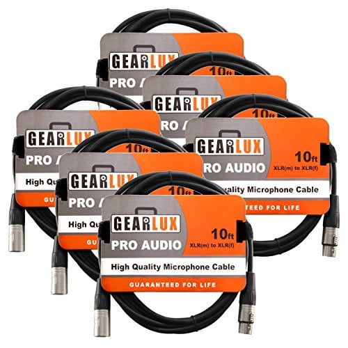 Gearlux 10-Foot XLR Microphone Cable, Fully Balanced, Male to Female, Black - 6 Pack