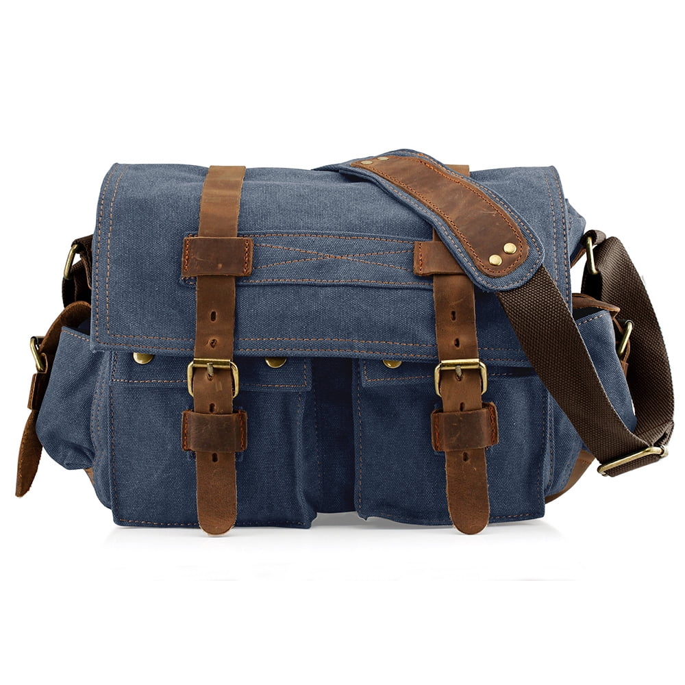 Amos Portfolio Messenger Bag: hand painted bag for men in blue