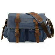 Gearonic Tm Men'S Vintage Canvas and Leather Satchel School Military Shoulder Bag Messenger Large 17" - Blue