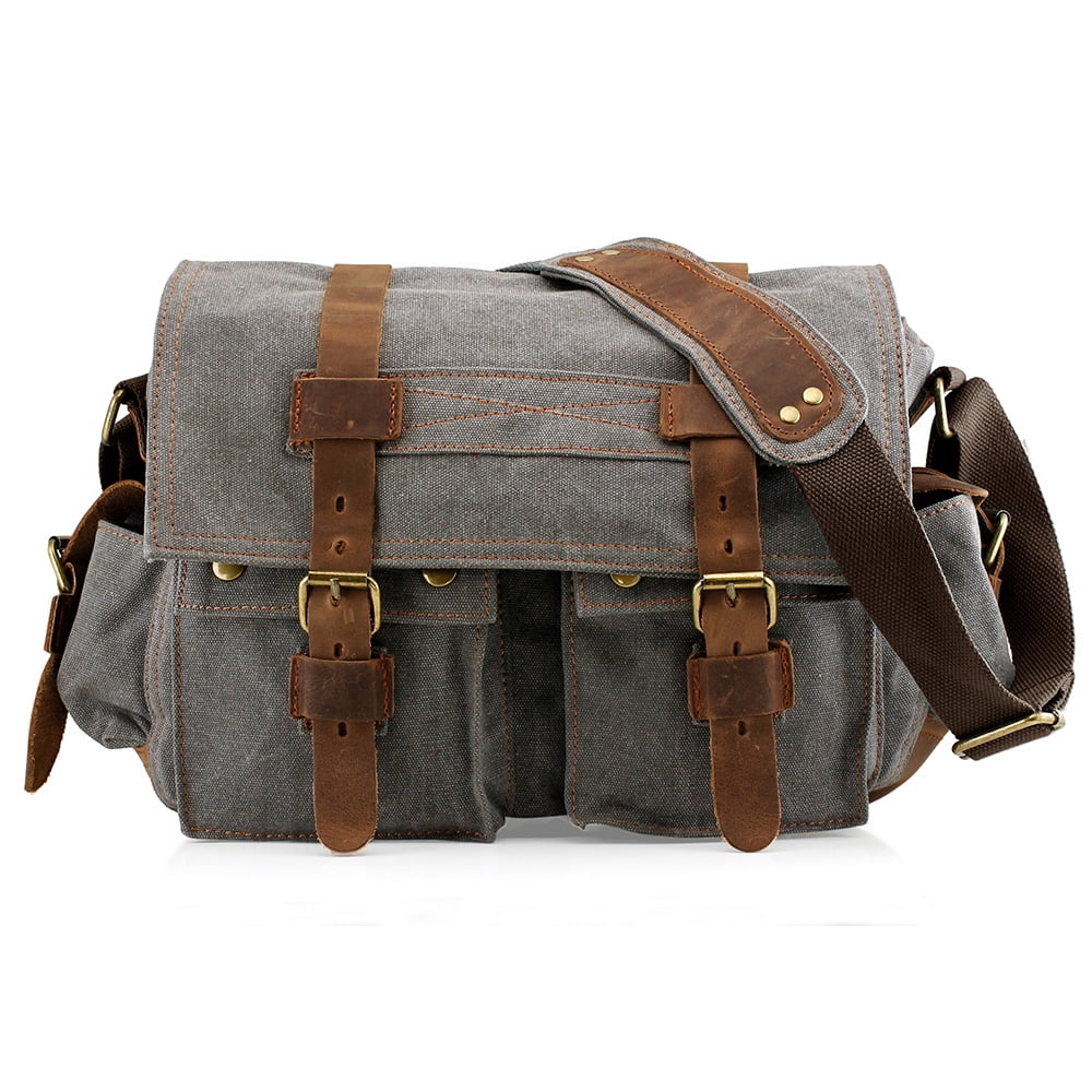 Men's Vintage Canvas and Leather Satchel School Military Shoulder Bag  Messenger - Brown 