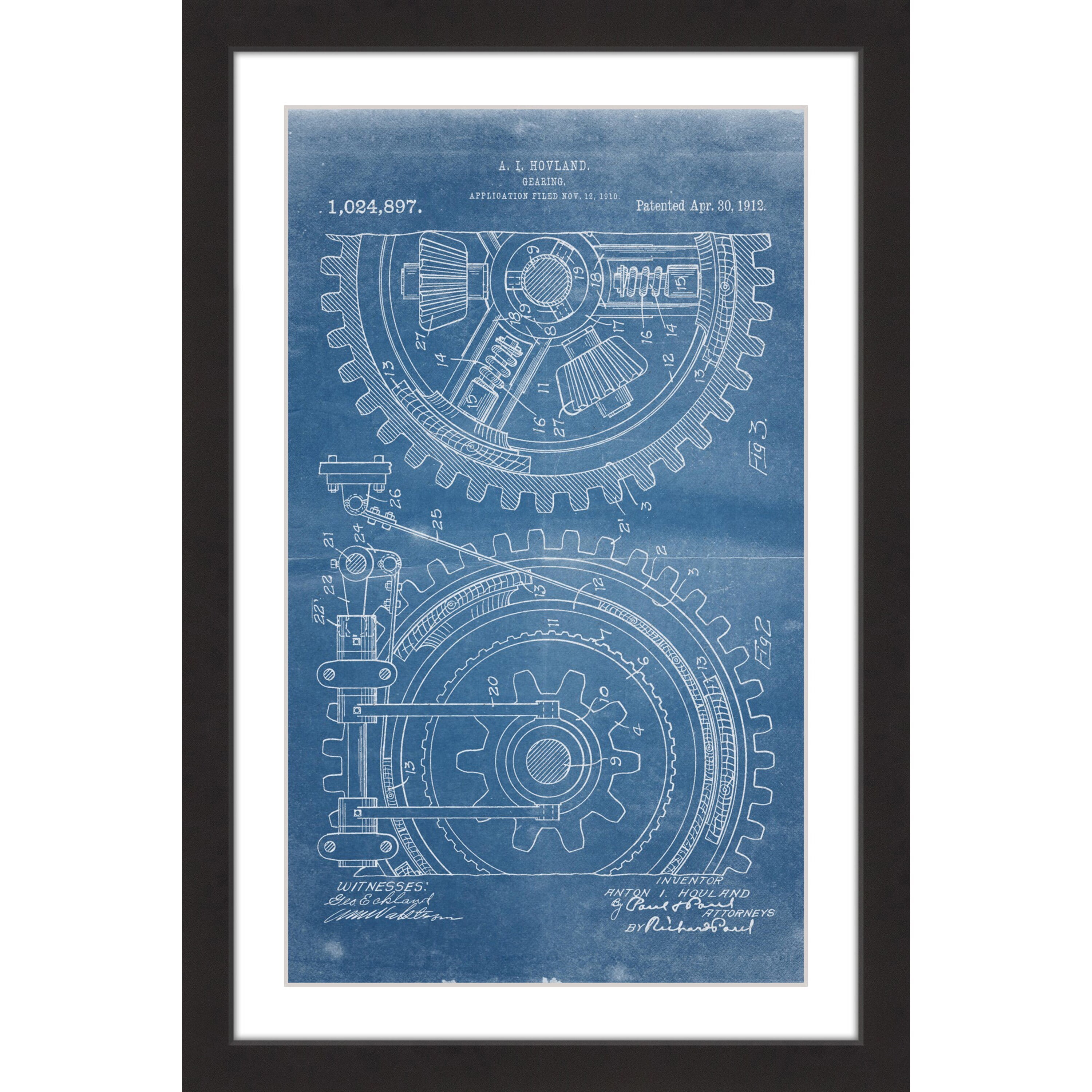 "Gears 1912 Blueprint" Framed Painting Print