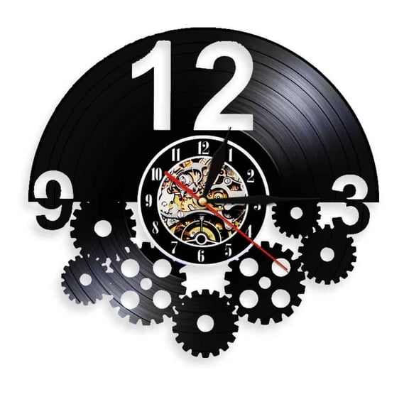 Gears and Cogs Wall Art Steampunk Ornaments Decor Vinyl Record Wall Clock Cyclist Cycling Fan Cogwheels Retro Clock Without LED