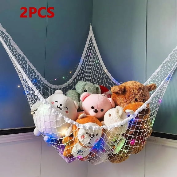 Gearup 2Pcs White Hammock Toy Net Organizer for Stuffed Animals Plush Toys Balls Towel w/ LED
