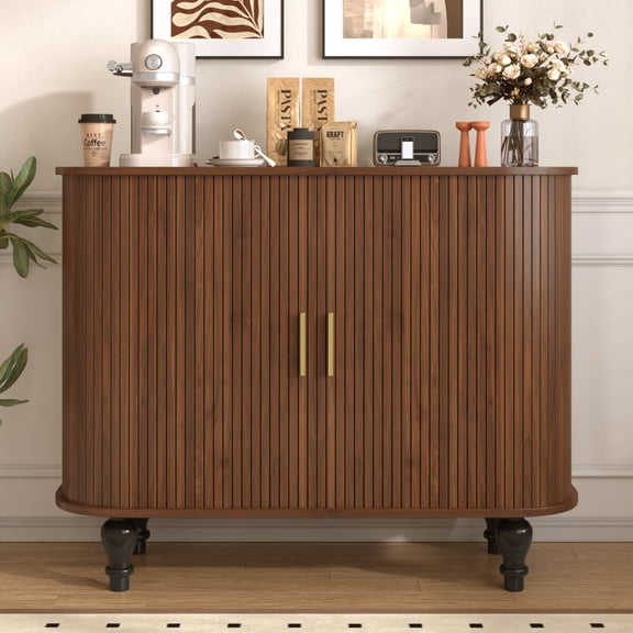 Gearwell Bar Cabinet Wine Rack, 39" Walnut Fluted Coffee Bar with 6 Bottle Slots, 3 Stemware Holders, Large Drawer and 4 Hidden Side Shelves for Dining Room or Living Room