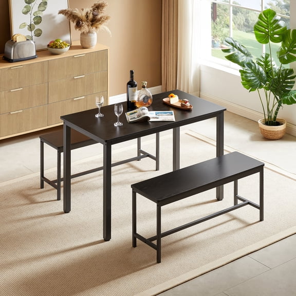 Gearwell Bar Table Set, 3 Piece Black Industrial Dining Table with 2 Benches, 43.3 Inch Kitchen Breakfast Table Set for Living Room, Party Room and Small Space Dining