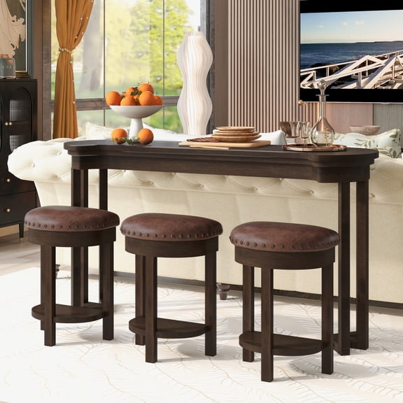 Gearwell Bar Table Set, 4-Piece Counter Height Dining Set with Solid Wood Breakfast Table and 3 PU Upholstered Stools, Espresso Pub Table for Kitchen, Dining Room, and Living Room
