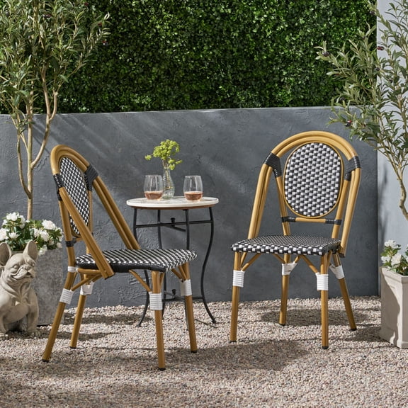 Gearwell Bistro Patio Chairs, Set of 2 Outdoor PE Rattan Dining Chairs with Aluminum Frame, French Cafe Side Chairs in Black White Bamboo Print Finish for Garden Deck