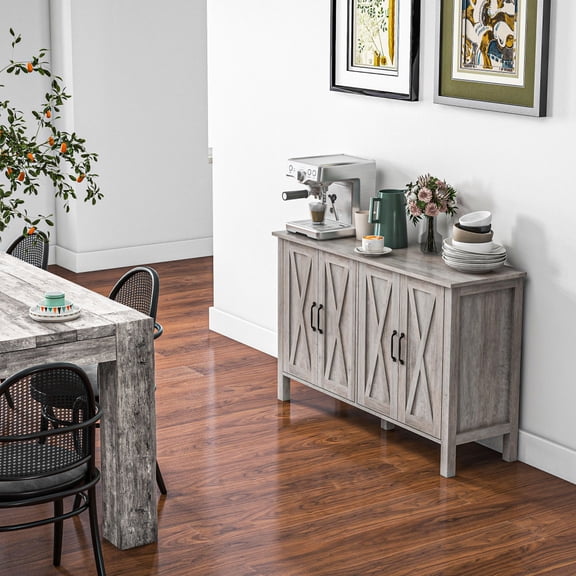 Gearwell Buffet Cabinet Sideboard, 47" Gray Wood Grain Farmhouse Coffee Bar Cabinet with 4 Barn Doors and 2 Adjustable Shelves for Dining Room Kitchen