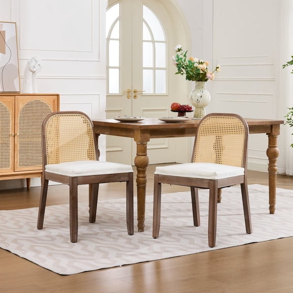 Gearwell Cane Back Dining Chairs, Set of 2 Beige Arched Rattan Side Chairs with Distressed Solid Wood Frames, Chenille Cushions with S-Springs for Kitchen and Dining Room