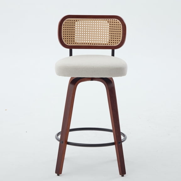 Gearwell Counter Height Bar Stools, Set of 2 26 in. Walnut Black Swivel Bar Chairs with Cane Rattan Backs and Beige Linen Seats for Kitchen Island or Counter