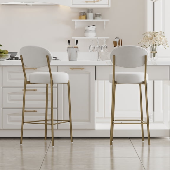 Gearwell Counter Height Bar Stools, Set of 2 Green 29 Inch Faux Leather Upholstered Dining Stools with Round Seats and Gold Metal Legs for Kitchen Island and Home Bar