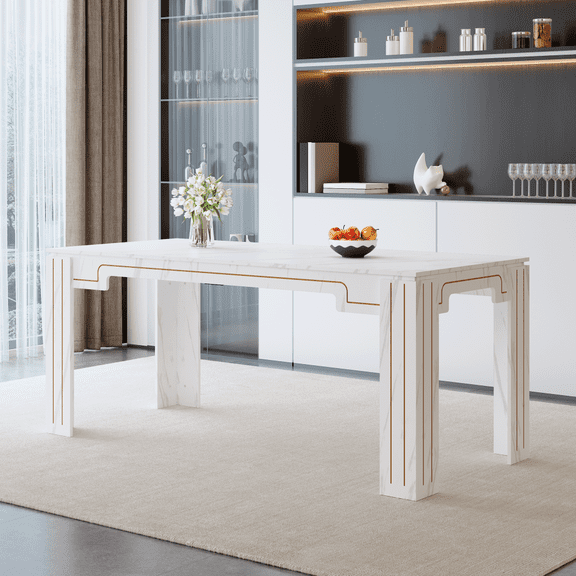 Gearwell Dining Kitchen Table, 71 x 31.5 Inch White Marble Pattern MDF Spliced Top with Grooved Legs, Rectangular Table for Dining Room and Living Room, Seats 6-8