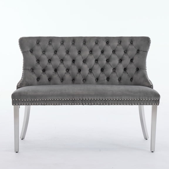 Gearwell Dining Loveseat Bench, Beige Velvet 2-Seat Tufted Dining Bench with Wing Back, Handmade Buttons and Gold-Plated Steel Legs for Kitchen and Dining Room