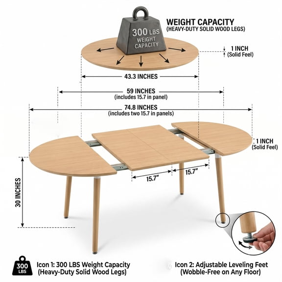 Gearwell Extendable Dining Table, 3-in-1 Round-to-Oval Expandable Kitchen Table, 43.3 to 74.8 Inches with Solid Wood Legs and Quiet Sliding Rails for 4-8 Seats