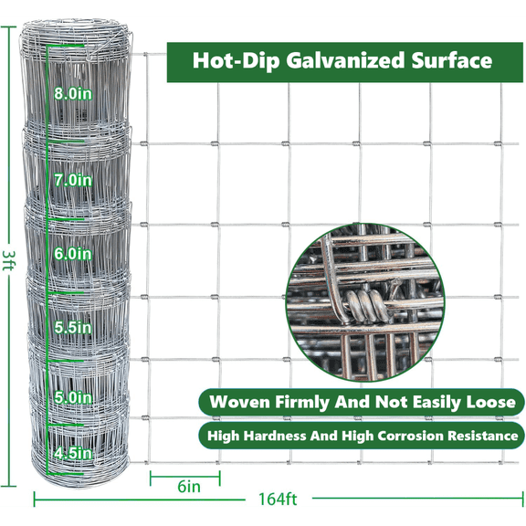 Gearwell Farm Fence Roll, 3 ft x 164 ft 14 Gauge Galvanized Field Wire Fencing and Cattle Fence, Heavy Zinc Coated Deer Goat Hog Wire for Yard Livestock Protection