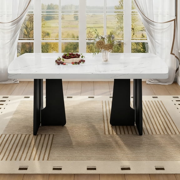 Gearwell Faux Marble Dining Table, 63 Inch White and Black Rectangular Kitchen Table with Geometric Legs for Dining Room, Apartment, Home Office and Family Meals