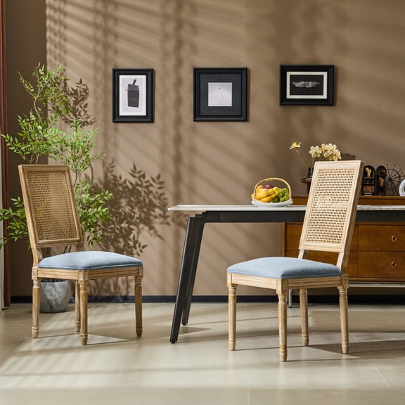 Gearwell French Dining Chairs, Set of 2 Rustic Weathered Kitchen Side Chairs with Cane Backrest, Upholstered Seats, Fluted Rubberwood Legs for Dining Room