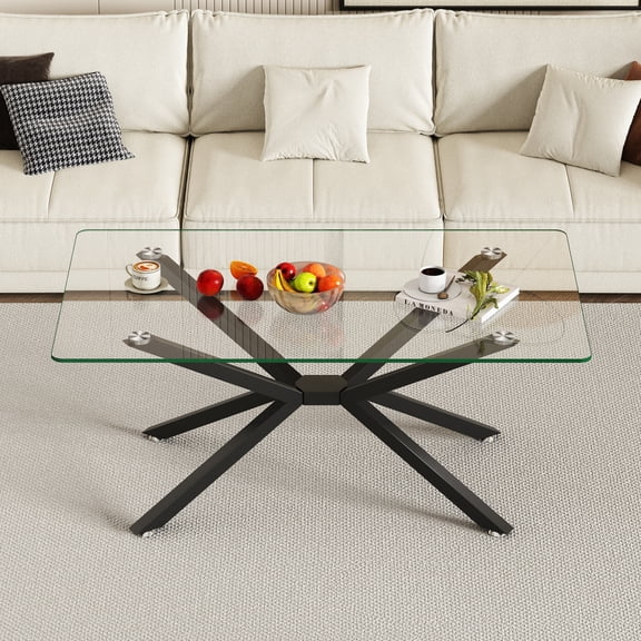 Gearwell Glass Coffee Table, 39.37-Inch Rectangular Clear Tempered Glass Cocktail Table with Gold Metal Legs, Modern Center Table for Living Room Seating Areas