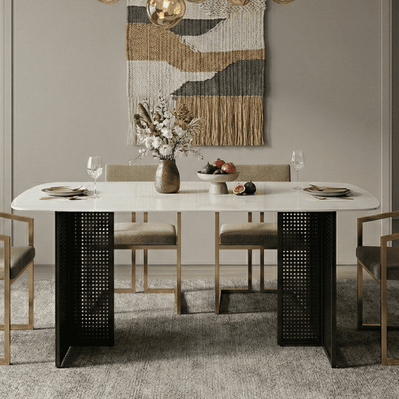 Gearwell Glass Dining Table, Rectangular Tempered Glass Kitchen Table for 6 with Marble Pattern Top and Black Hollow-Out Metal Legs for Dining Room Living Room