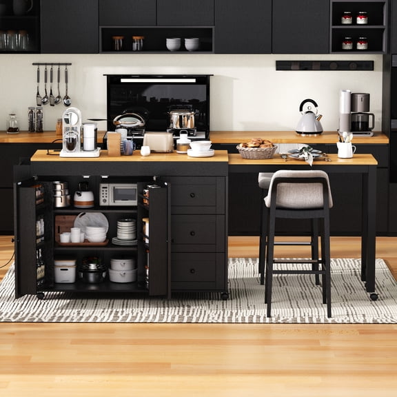 Gearwell Kitchen Island Cart, 74.8-Inch Black Rolling Storage Island with Extendable Dining Table, 3 Drawers, 2-Door Cabinet, Power Outlet and Spice Rack for Kitchen