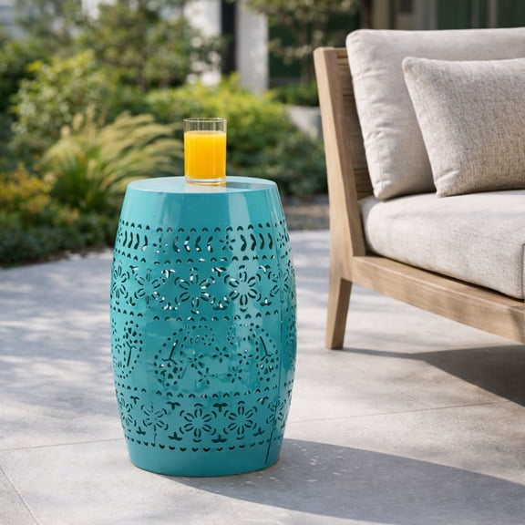Gearwell Outdoor Side Table, 12 in Metal Accent End Table with Teal Cutout Floral Pattern, Weather-Resistant Iron Patio Table for Balcony Garden Porch Living Room