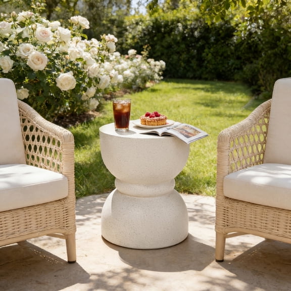Gearwell Outdoor Side Table End Table Patio Accent Table Cylinder MgO Round Plant Stand Wave Design Lightweight Balcony Garden Decor Small Space Furniture
