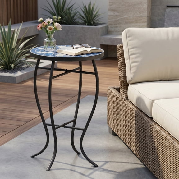 Gearwell Outdoor Side Table, Round Patio Accent Table with Blue White Mosaic-Style Top and Matte Black Curved Iron Legs for Porch Balcony Garden Deck Poolside Patio Furniture