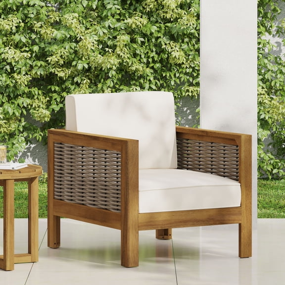 Gearwell Patio Club Chair, Acacia Wood Outdoor Armchair Lounge Chair with Wicker Accents, Teak Finish, Mixed Brown and Beige Seating for Garden Porch Deck