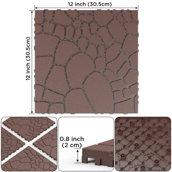 Gearwell Patio Deck Tiles, 12 Inch Stone Texture Interlocking Decking Floor Tiles, 44 Pcs Brown DIY Module Paver Tiles for Porch Poolside Balcony Backyard