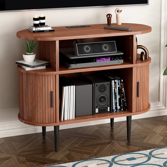 Gearwell Record Player Stand Mid Century Modern Turntable Cabinet Vinyl Storage Console with Charging Station and USB Ports, Walnut