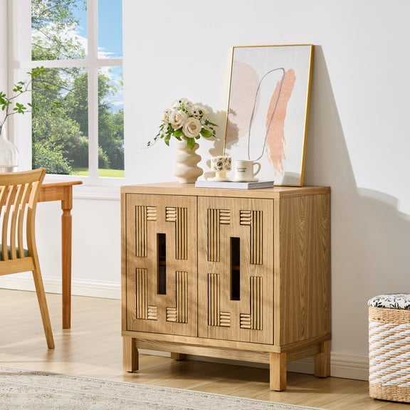 Gearwell Sideboard Buffet Cabinet, 31.5" Mid-Century Modern 2-Door Storage Credenza with Carved Openwork Design and Adjustable Shelf for Kitchen, Dining Room or Entryway