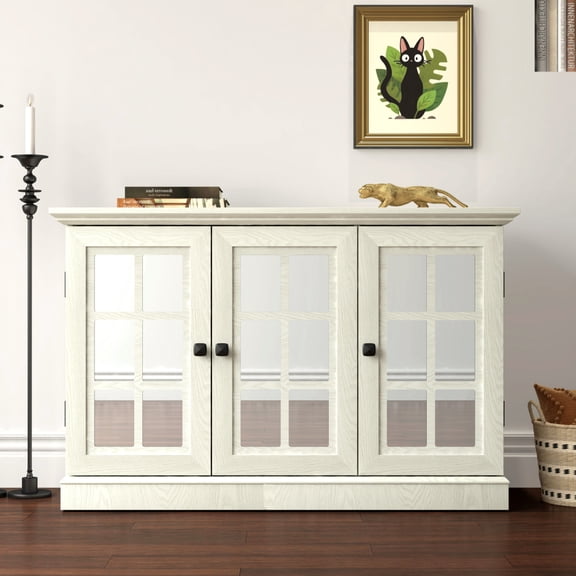Gearwell Sideboard Buffet Cabinet, 45" MDF Storage Credenza with 3 Mirrored Acrylic Doors, Adjustable Shelves and Decorative Laminate Finish for Living Room, Kitchen or Dining Room