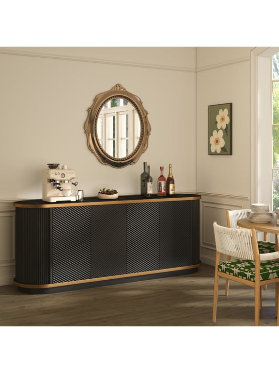 Sideboard Buffet Cabinet, 63 in Black 4-Door Credenza with Diagonal Fluted Panels, Gold Trim and Faux Marble Top, TV Stand Console for Dining Room or Living Room