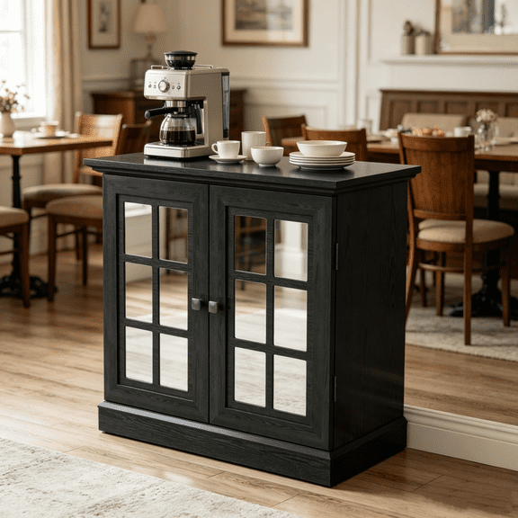 Gearwell Sideboard Storage Cabinet, Black MDF Buffet Credenza with 2 Acrylic Mirrored Doors, Adjustable Shelf and Metal Handles for Dining Room, Living Room, and Kitchen