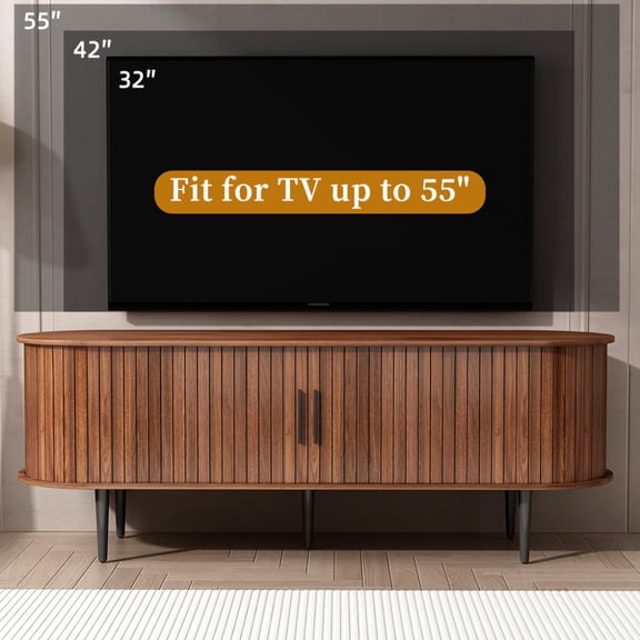 Gearwell TV Console Cabinet, 55 in. Walnut Entertainment Center with Sliding Door, Storage Compartment and Media Cabinet for Gaming Setup, Living Room, Bedroom, or Office