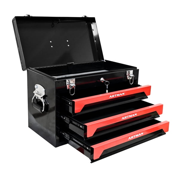 Gearwell Tool Box Organizer, 20-Inch Portable 3-Drawer Steel Toolbox and Tool Chest with Metal Latch Closure, Black and Red for Garage Workshop Hand Tool Storage