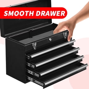 Gearwell Tool Box Organizer, Portable Steel Tool Chest with 4 Drawers, Metal Cylinder Lock, Latch Closure, Liner, Powder Coating, Black for Garage Warehouse Repair