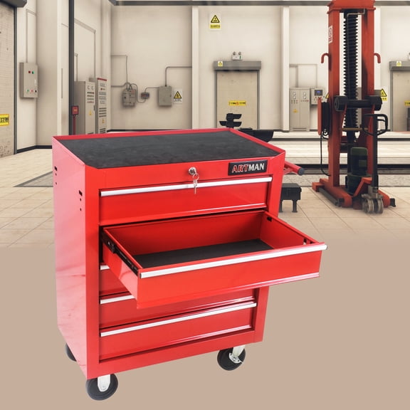 Gearwell Tool Chest Cabinet, 5-Drawer Rolling Tool Box and Tool Storage Organizer with 4 Wheels, Locking System, Red Garage Workshop Storage Cart